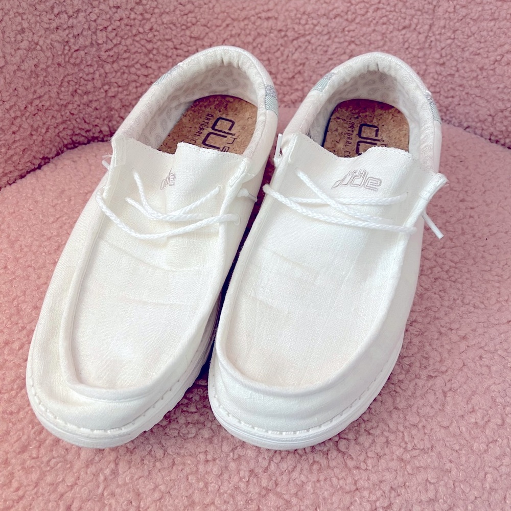 Men’s size 12 White Hey Dude’s. Worn 1 time. Perfect condition